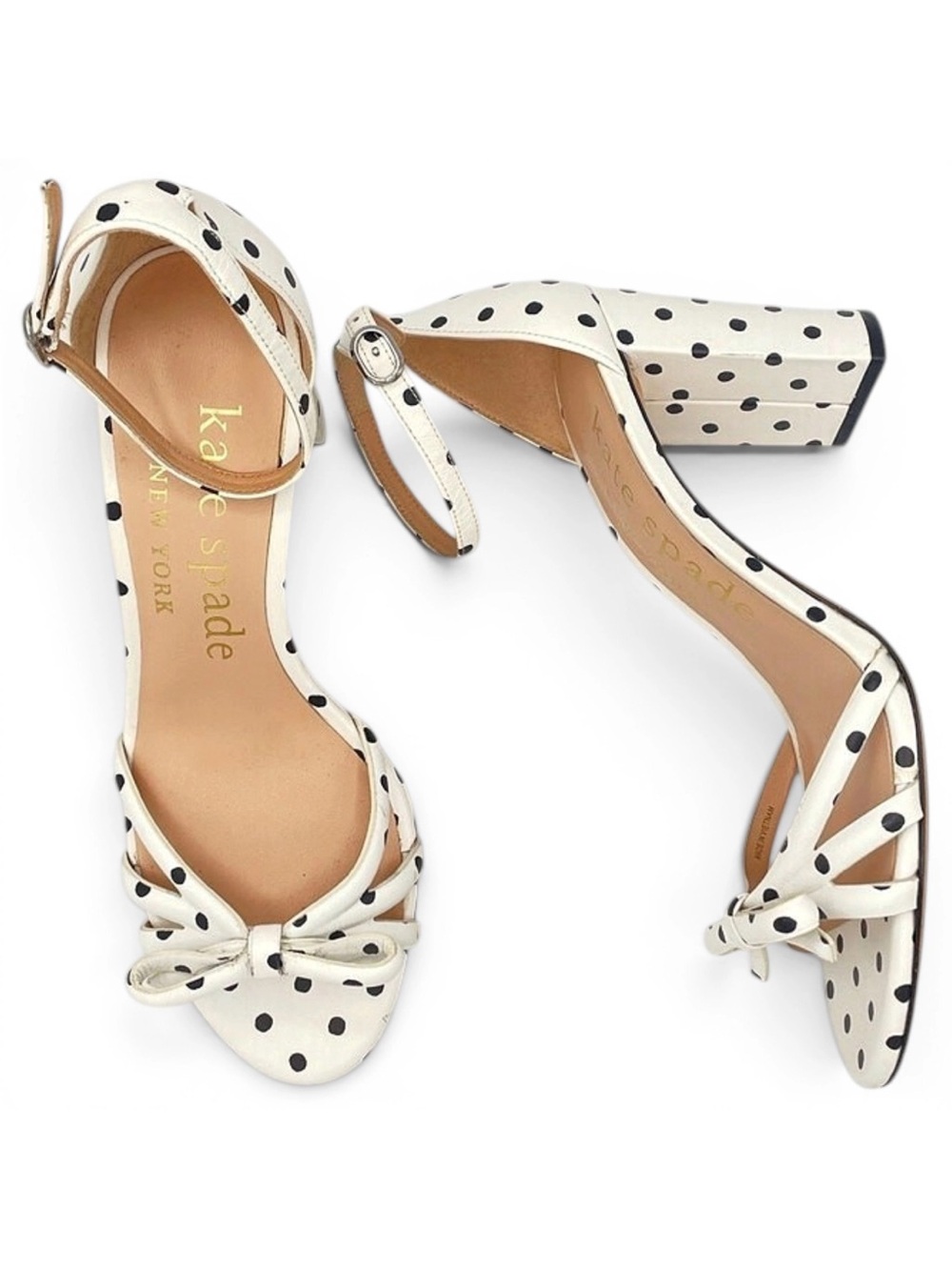KATE SPADE Flamenco Polka Dot Bow Block Heel Sandals Size 8 White Black